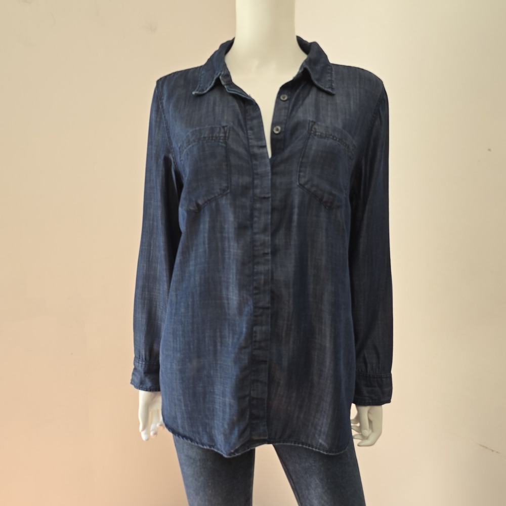 Talbots Shirt Chambray Navy Sheen Button Down Long Sleeve Tails Size PL Petite L